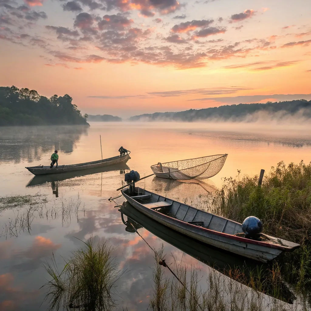 Scenic view of a calm lake at sunrise with fishing boats